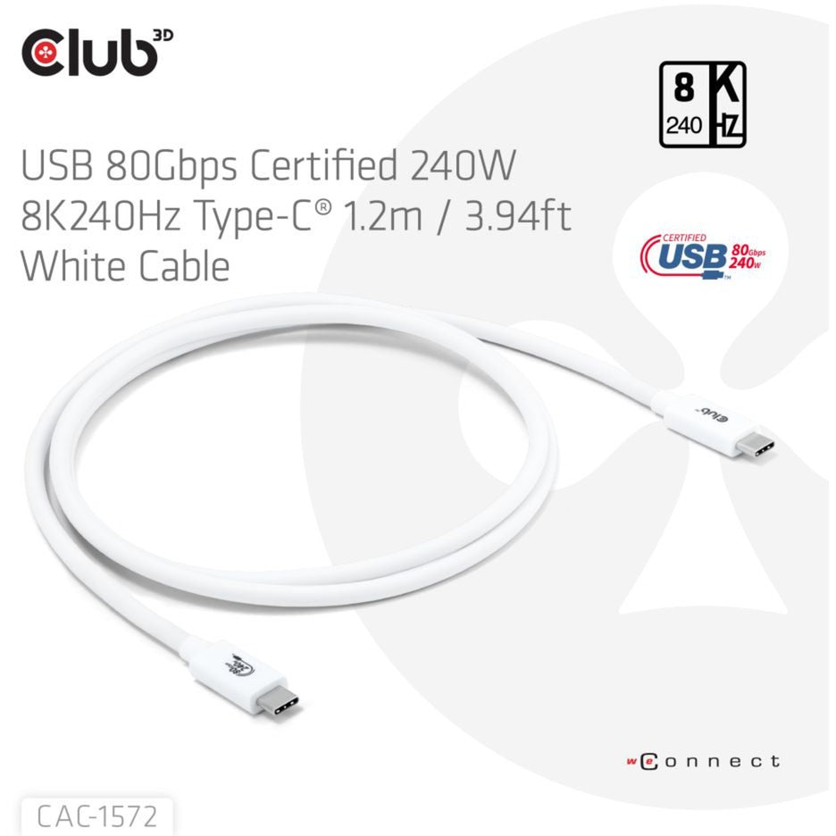 Certyfikat Club 3D USB-C 80 Gb/s, 240 W, 8K, 240 Hz (biały, 1,2 m)