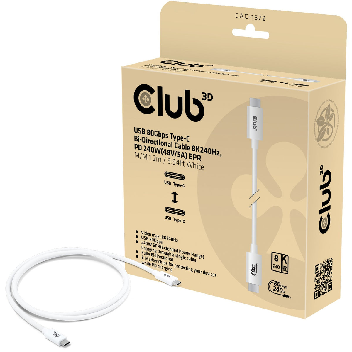 Certyfikat Club 3D USB-C 80 Gb/s, 240 W, 8K, 240 Hz (biały, 1,2 m)