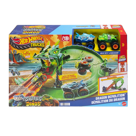 Monster Trucks Hot Wheels — zestaw do niszczenia smoków Rekiny kontra dinozaur oraz 2 zabawkowe ciężarówki