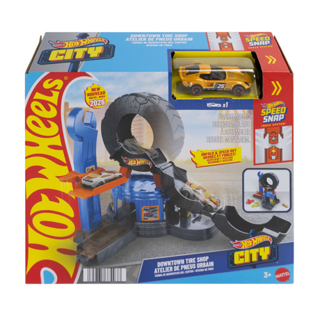Warsztat oponiarski Hot Wheels City Center - zestaw do zabawy i samochodzik - przystosowany do systemu gąsienic typu Quick-Click