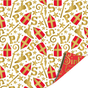 Kassaplan coated cadeaupapier dubbelzijdig 50cm 100m mijter pret wit rood