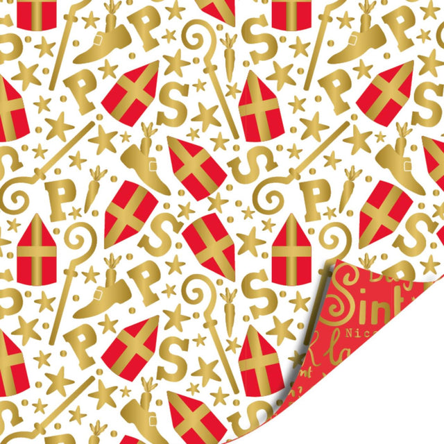 Kassaplan coated cadeaupapier dubbelzijdig 50cm 100m mijter pret wit rood