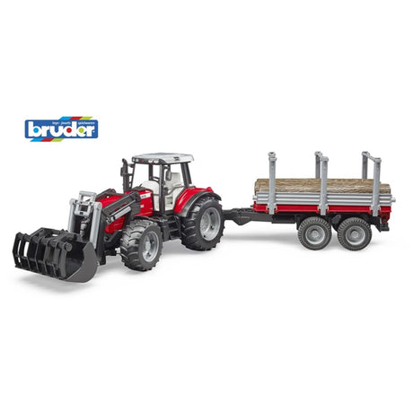 Ciągnik Bruder Massey Ferguson z ładowaczem czołowym i przyczepą do transportu drewna