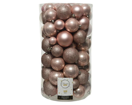 Decoris nietłukąca mieszanka bombek świątecznych z tworzywa sztucznego, tuba 100 sztuk, w kolorze pudrowego różu