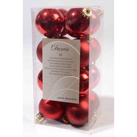 Decoris Bombki plastikowe błyszczące i matowe 4cm Świąteczne czerwone pudełko 16 sztuk