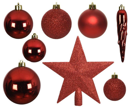 Zestaw świątecznych bombek Decoris z tworzywa sztucznego z daszkiem w kształcie gwiazdy, w kolorze bożonarodzeniowym w kolorze bożonarodzeniowym, w pudełku 33 sztuki