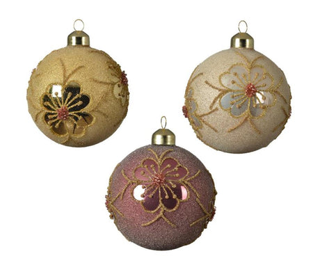 Decoris zestaw bombek świątecznych ze szkła, zestaw 3 kulek o średnicy 8 cm w różnych kolorach jasnego złota, perły i aksamitnego różu
