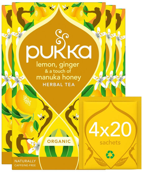 Herbata Pukka cytryna, imbir, miód manuka - 80 torebek - ekologiczna herbata ziołowa cytryna, imbir, miód - 4 x 20 torebek - opakowanie wartościowe herbaty