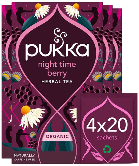 Herbata Pukka Jagoda na noc - 80 torebek - organiczna herbata ziołowa - rumianek, jeżyna, czarna porzeczka - 4 x 20 torebek - opakowanie wartościowe herbaty