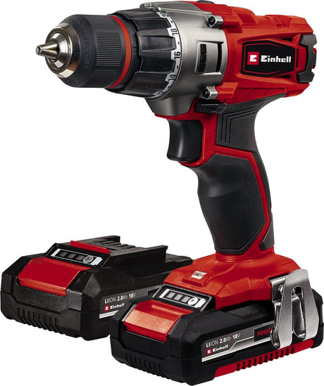 Wiertarko-wkrętarka akumulatorowa Einhell te-cd 18 2 li kit – power x-change – 18 V Li-Ion – 44 nm – Bezkluczowy uchwyt wiertarski 10 mm – w zestawie. 2x akumulator 2,0 Ah i ładowarka