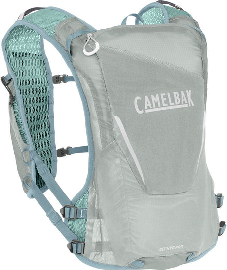 Kamizelka Camelbak Zephyr męska - uniwersalny - ultralekki materiał - miejsce na 2 elastyczne butelki 500 ml - odblaskowa - 8 przegródek - kamizelka do biegania - uchwyt na napoje - torba na napoje - szary z turkusem