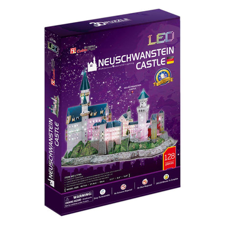 Zabawne, sześcienne puzzle 3D Zamek Neuschwanstein - z oświetleniem LED - 128 elementów