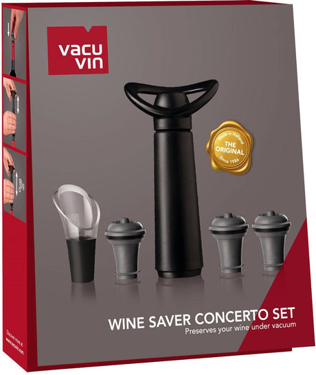 Zestaw upominkowy do przechowywania Vacu Vin Concerto z pompą, 1 stojakiem na wino i 3 zatyczkami