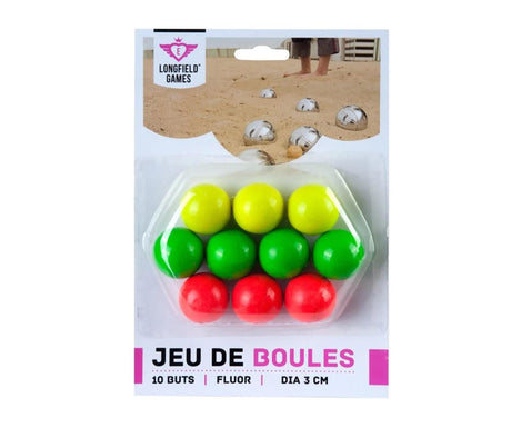 Drewniane podnośniki Longfield jeu de boule – zestaw 10 sztuk – kolory fluorescencyjne – piłki bramkowe do pétanque – ø 30 mm – akcesoria do boule – anielskie serce