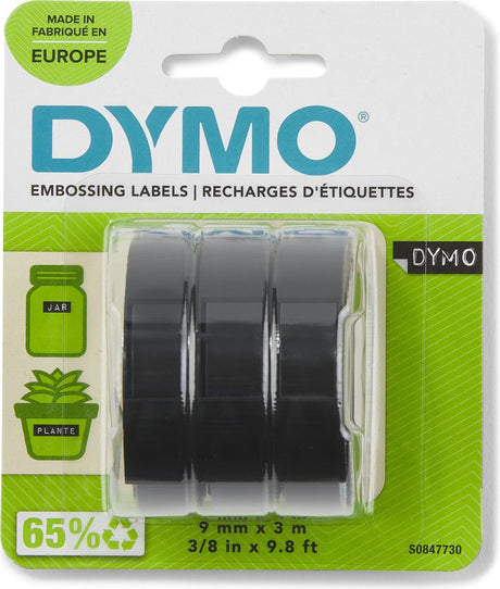 Oryginalna taśma tłoczona Dymo | rolki 9 mm x 3 m | biały na czarnym | samoprzylepny | dla wytwórców etykiet do tłoczenia | 3 sztuki