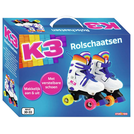 K3 - wrotki - rozmiar 30 33 - regulowane w 4 rozmiarach - ze stoperem - białe - tęczowe - z kółkami w 4 kolorach