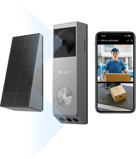 Ezviz EP3X Pro + pamięć 32 GB - bezprzewodowy dzwonek wideo - podwójny obiektyw 2K HD - brak subskrypcji - wykrywanie AI - w zestawie. panel słoneczny - srebrny - 1 szt