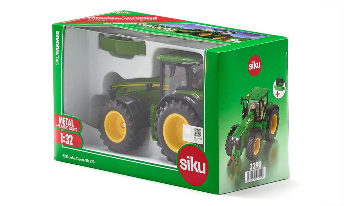 Siku 3290, John Deere 8R 370, 1:32, metal, plastik, zielony, w komplecie. przeciwwaga, maskę można otworzyć