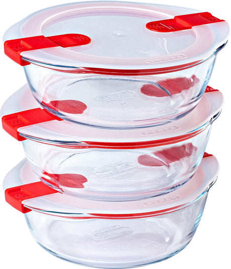 Pyrex - miska grzewcza okrągła z pokrywką - pojemność każda 1,1 litra - zestaw 3 sztuk - przezroczysty czerwono-biały