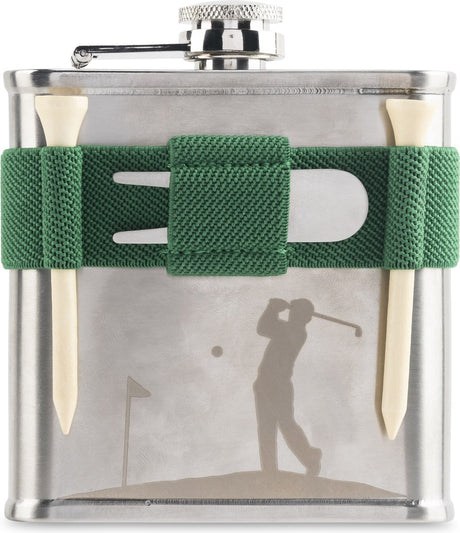 Kikkerland liquor whiskey heupfles - veldfles - heup fles - roestvrij staal - 180ml - golf fles - bevat pitch fork en golf tees - cadeau tip - golfen