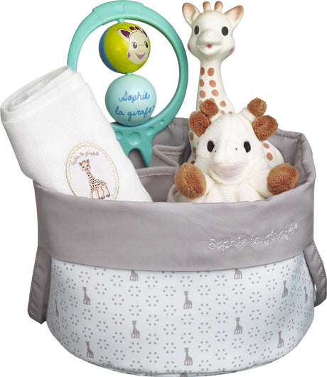 Kosz porodowy żyrafy Sophie - zestaw upominkowy dla dziecka - prezent macierzyński - prezent na baby shower - 21x21x20 cm - od 0 miesięcy - 5-częściowy