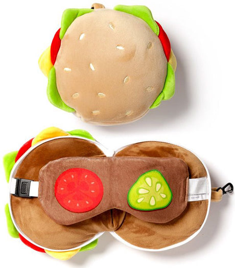 Relaxeazzz pluszowa okrągła poduszka podróżna i maska do spania hamburger - beż