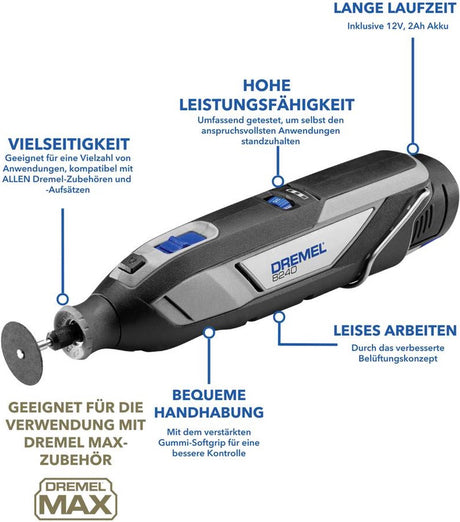 Narzędzie wielofunkcyjne Dremel 8240-5 — zawiera akumulator litowo-jonowy 12 V (2,0 Ah), 5 akcesoriów i ładowarkę