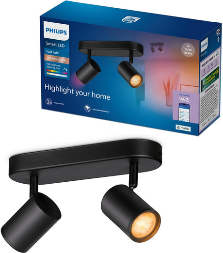 Philips smart lighting - opbouwspot - 2 spots - rgb - gekleurd en instelbaar wit licht - dimbaar - zwart - 2x5w - gu10 fitting - werkt met de wiz app - wifi