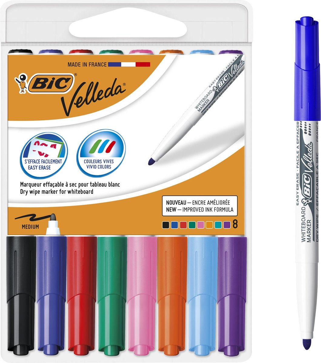 Markery do tablic suchościeralnych Bic velleda z etui - różne kolory - 8 sztuk