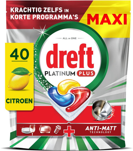 Tabletki do zmywarki Dreft Platinum Plus Lemon - technologia zapobiegająca matowieniu - 40 sztuk