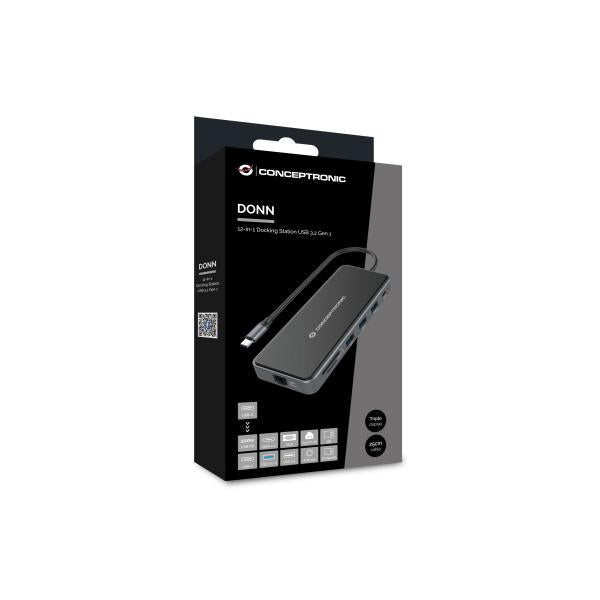 Conceptronic donn15g Stacja dokująca 12 w 1, USB 3.2 gen 1, type-c, 100 w, hdmi, vga, (micro)sd
