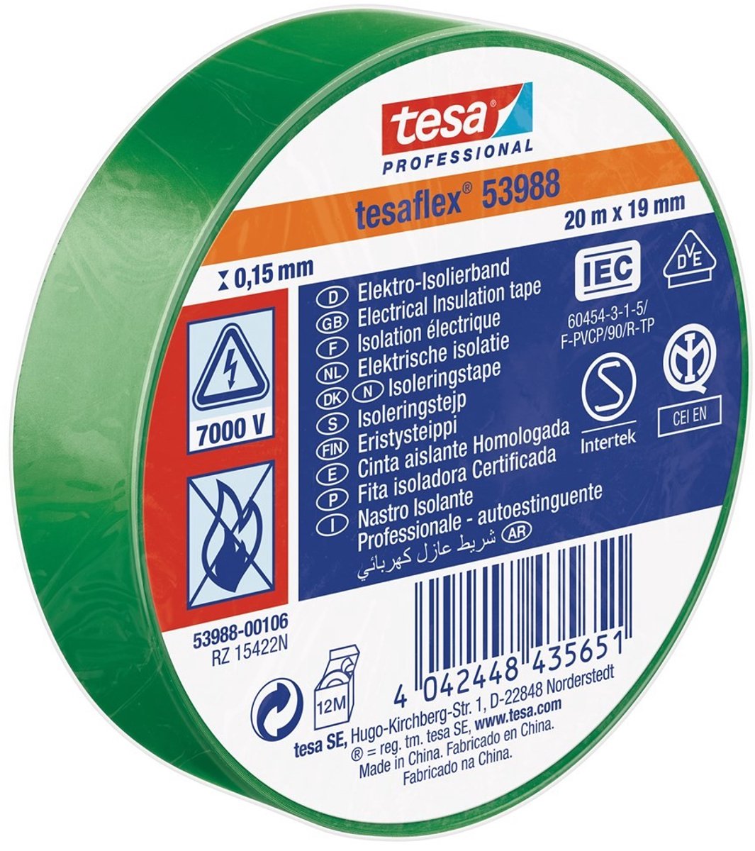 Taśma izolacyjna Tesa 19mm - 20 metrów - zielona