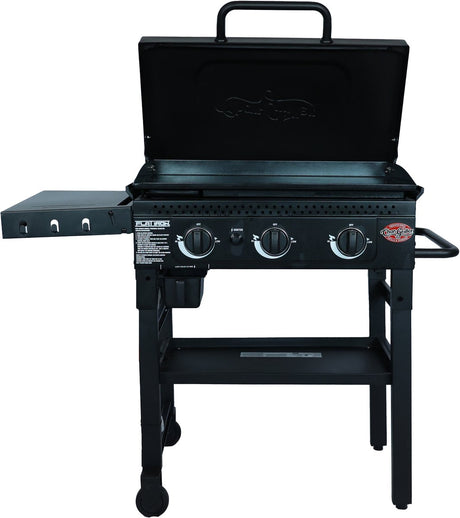 Płaski grill gazowy plancha – ruszt gazowy z 3 palnikami – ruszt stalowy z powłoką porcelanową (±3350 cm²) – równomierne rozprowadzanie ciepła – dla 4-6 osób