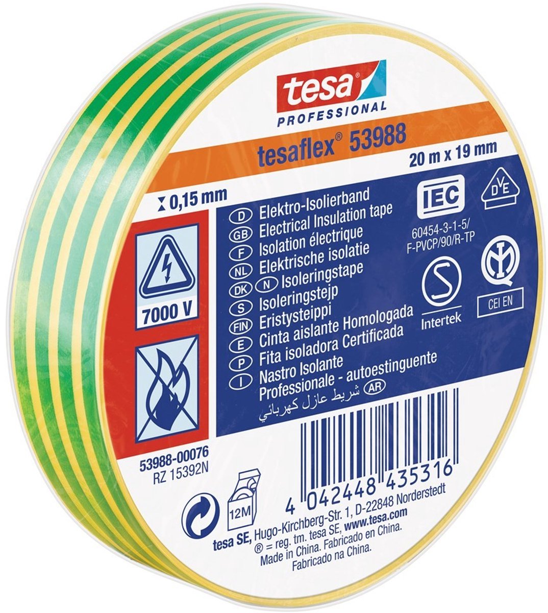 Taśma izolacyjna Tesa 19mm - 20 metrów - zielonożółta