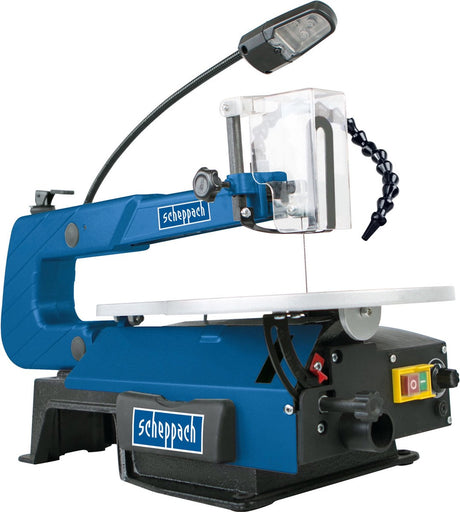 Piła taśmowa Scheppach SD1600V - 120W - zmienne ustawienie prędkości 500-1700 min - regulowany kąt cięcia - 0-45° - oświetlenie robocze LED - elastyczna dmuchawa