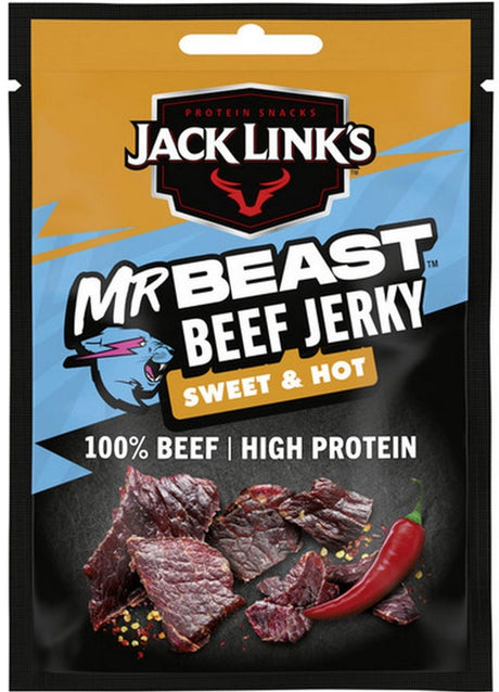Jack link's Sweet Hot Beef Jerry - wysokobiałkowy - 100% wołowiny - bogaty w białka - idealna przekąska białkowa - pomiędzy, w drodze lub przed ćwiczeniami - 12x25g