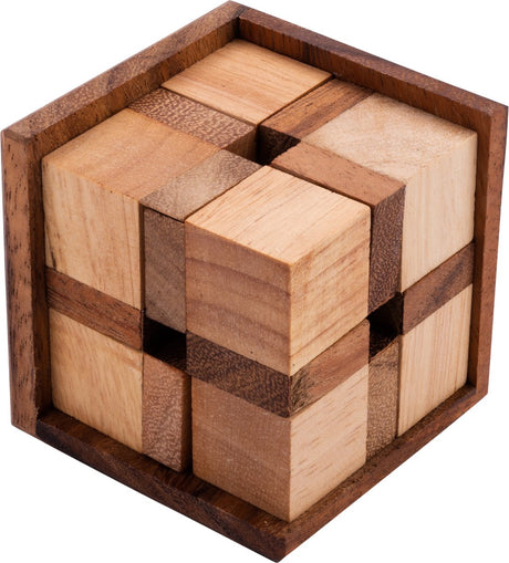 Longfield crazy cube – houten breinbreker – acaciahout – 8 stukken – dobbelsteen puzzelspel – engelhart