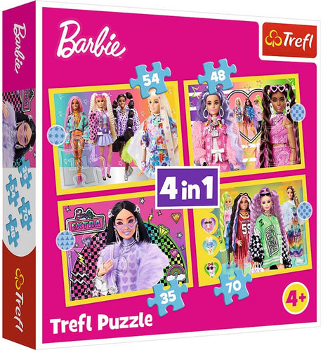 Zestaw puzzli Trefl Barbie 4 w 1 z kolorowych kartonowych zabawek.
