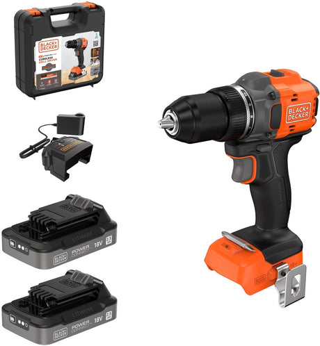Wiertarko-wkrętarka bezszczotkowa Black+decker 18V w etui (z akumulatorem 2x2,5ah i ładowarką) - bld782e2k-qw