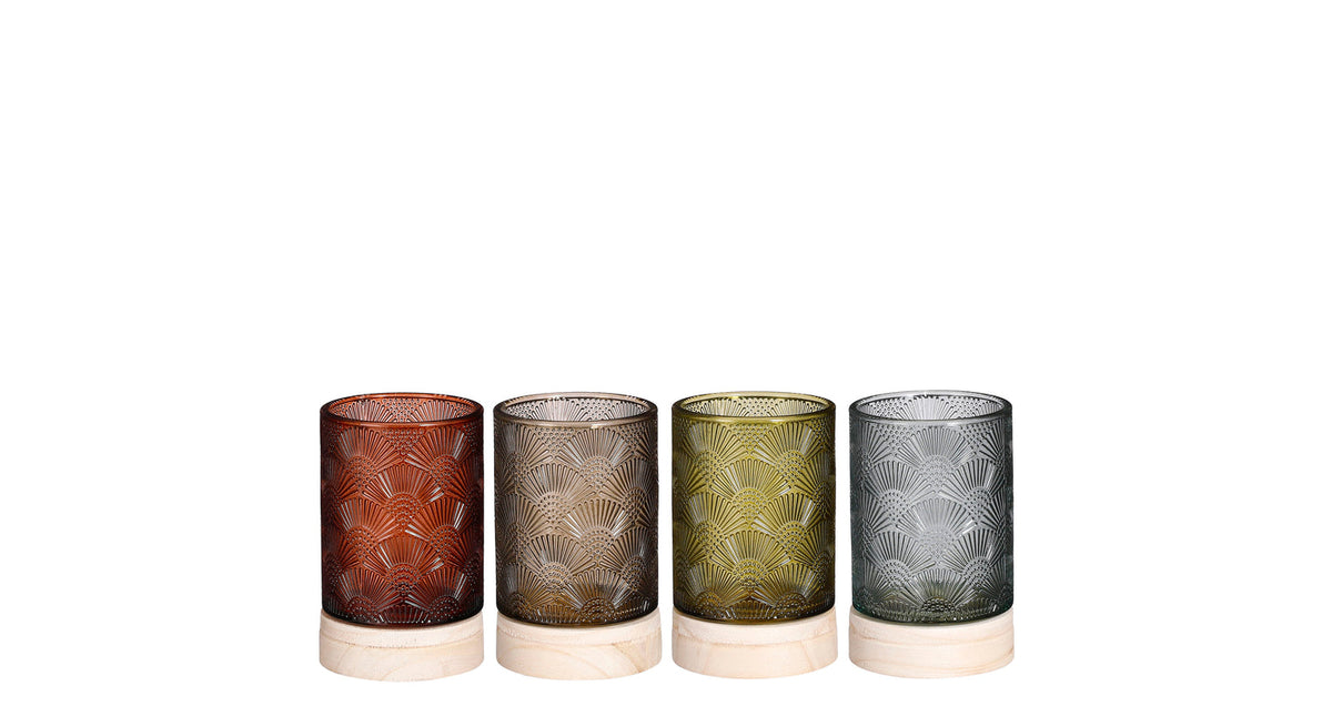 Theelicht houder groen rood l.blauw l.bruin ass - h14xd8,5cm