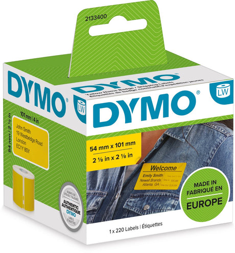 Oryginalna maszyna do etykietowania Dymo, duże etykiety wysyłkowe, wizytówki | 54 mm x 101 mm | czarny na żółtym | rolka 220 etykiet samoprzylepnych | nadaje się do drukarek etykiet | wyprodukowano w Europie
