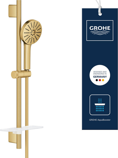 Grohe Vitalio Joy+ 120 zestaw prysznicowy z drążkiem prysznicowym - z głowicą prysznicową, wężem prysznicowym mydelniczka - 3 rodzaje strumienia - Aqua Booster - oszczędność wody (7l min) - szczotkowany chłodny wschód słońca