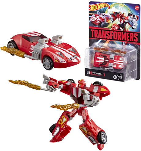 Zabawka Transformers Hot Wheels (po prawej) x czerwona figurka bliźniaczego młyna o średnicy 12,5 cm, od 8 lat