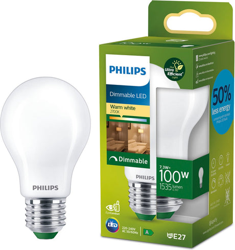 Philips led philips ultra efficient led lamp - mat - 100w - e27 fitting - dimbaar warmwit licht - energielabel a