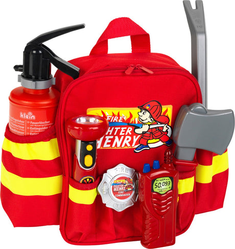 Plecak strażacki Klein Toys - 28x25x8,5 cm - w zestawie. akcesoria, regulowane ramiączka i duży otwór ułatwiający pakowanie i przechowywanie - czerwono-żółty