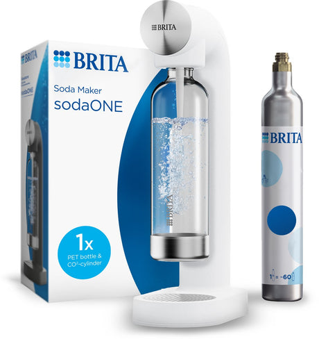 Biały ekspres do wody gazowanej Brita Sodaone - z 1 butlą CO2 i 1 butelką po napojach