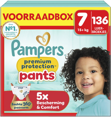 Spodnie ochronne Pampers Premium rozmiar 7 - 136 pieluch - 15kg+ - pudełko do przechowywania