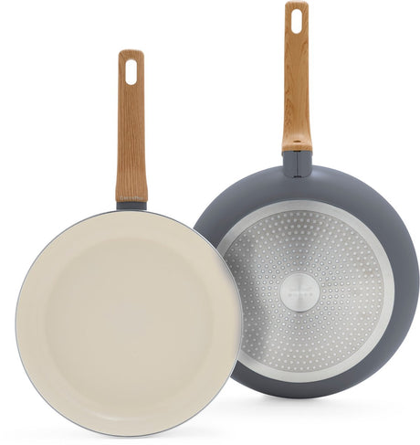 Zestaw patelni Greenpan Essence 2-częściowy - 26 30 cm - powłoka nieprzywierająca niezawierająca pfas - zestaw patelni indukcyjnych - patelnia ceramiczna - można używać w piekarniku do 160°c - uchwyty z efektem drewna - zimne uchwyty - szary