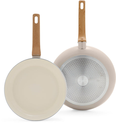 Zestaw patelni Greenpan Essence 2-częściowy - 26 30 cm - powłoka nieprzywierająca niezawierająca pfas - zestaw patelni indukcyjnych - patelnia ceramiczna - można używać w piekarniku do 160°c - uchwyty z efektem drewna - zimne uchwyty - kolor taupe