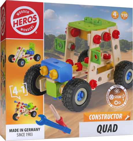 Quad konstruktora Heros – zabawki konstrukcyjne – 4 w 1 – 110 części – drewniany zestaw do budowania – drewno FSC – wyprodukowane w Niemczech – zbuduj sam – od 4 lat